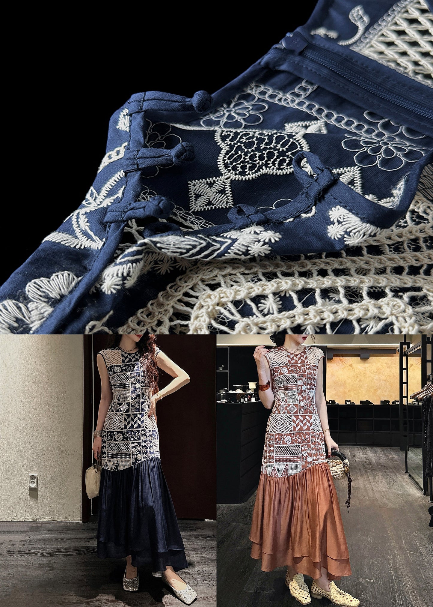 Art Navy O Neck Hollow Out Wrinkled Patchwork Cotton Long Dress Sleeveless
