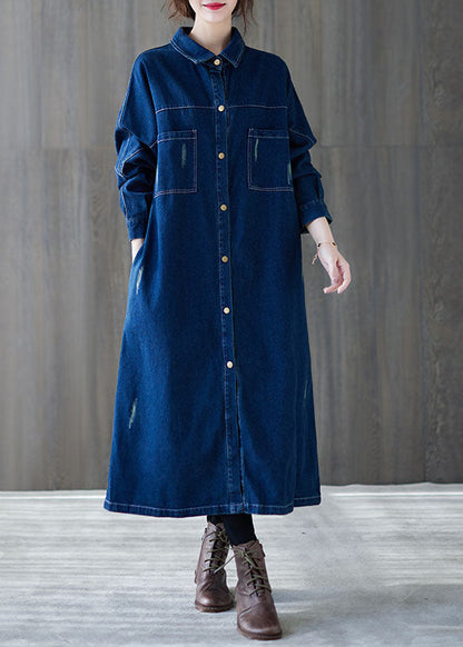 Art Navy Peter Pan Collar Button Patchwork Denim Shirts Dresses Spring