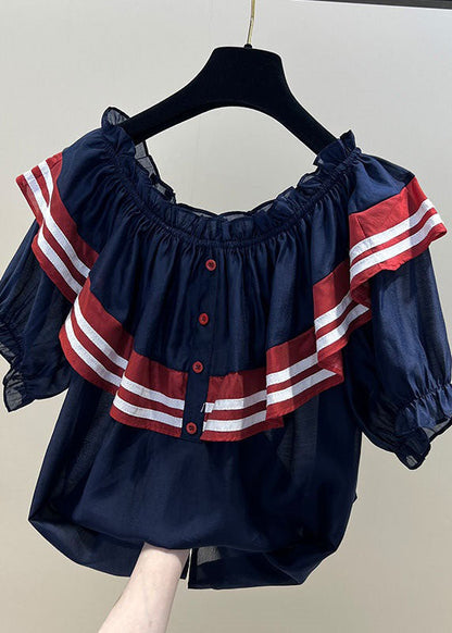 Art Navy Slash Neck Ruffled Patchwork Chiffon Tops Summer