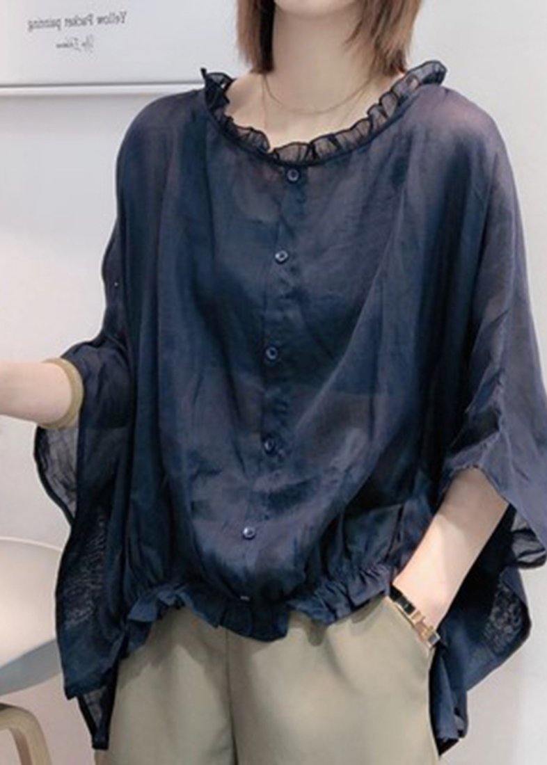 Summer Red Tops Ruffles Trim Half Sleeve Shirts Blouse
