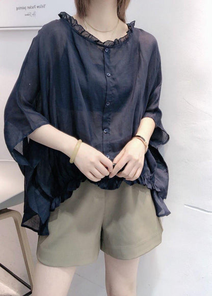 Art Navy Tops Ruffles Trim Half Sleeve Shirts Blouse