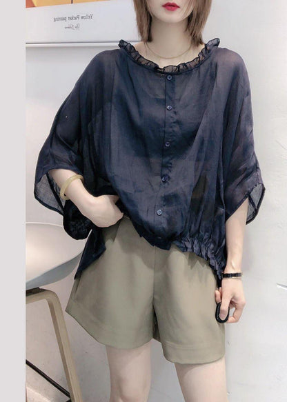 Art Navy Tops Ruffles Trim Half Sleeve Shirts Blouse