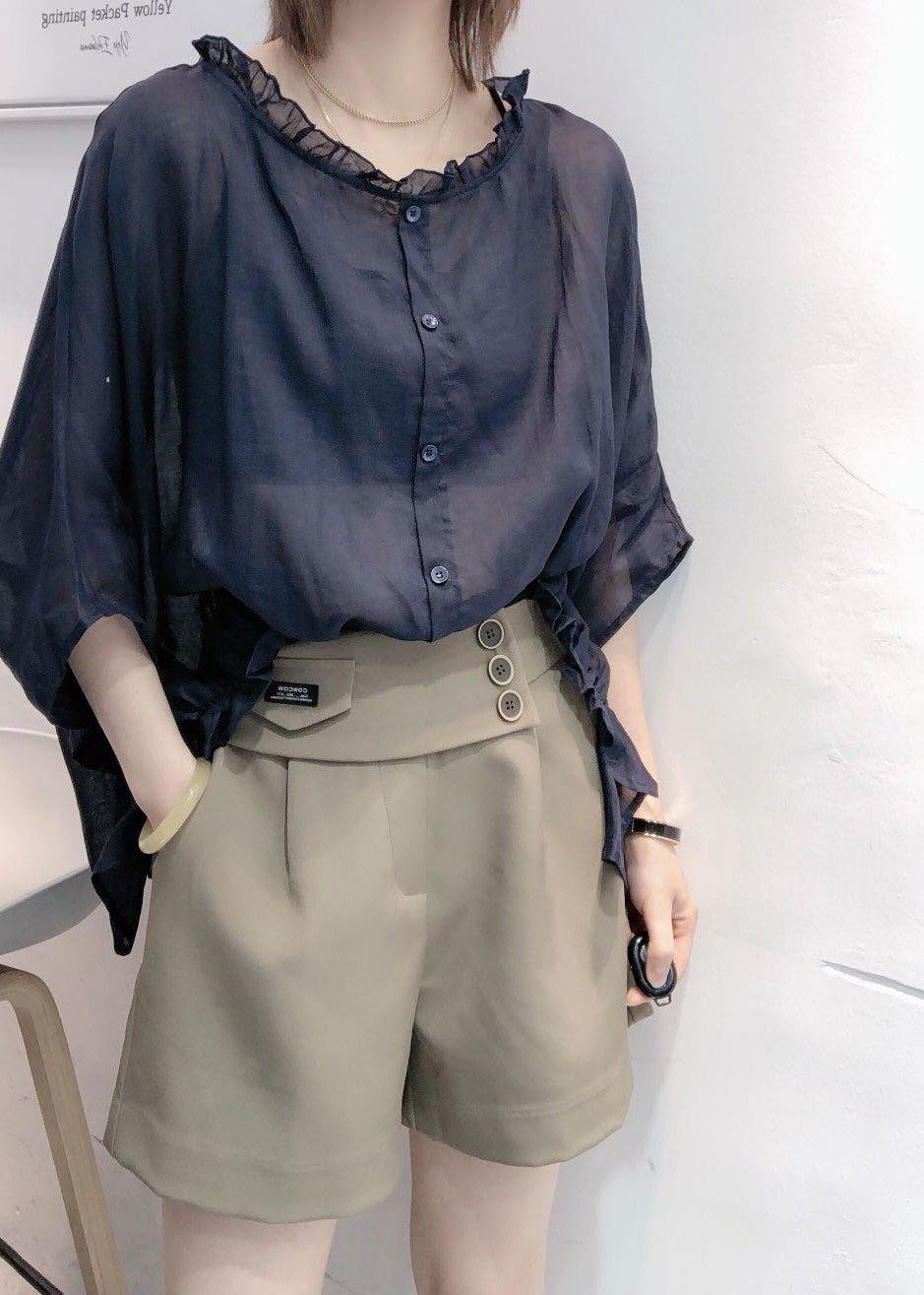 Art Black Print Tops Ruffles Trim Half Sleeve Shirts Blouse