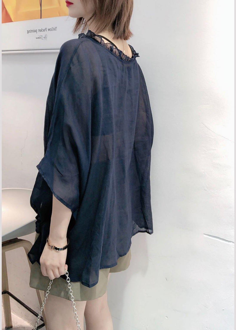 Art Dark Blue-pumpkin Tops Ruffles Trim Half Sleeve Shirts Blouse