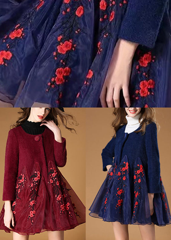 Art Navy Retro Button Patchwork Fall Woolen Coats