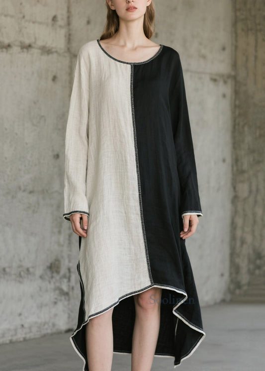 Art O-neck Asymmetrical Patchwork Cotton Maxi Dresses Spring