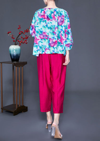 Art O-neck Oversized Print Tops and Pants Two Pieces Set Batwing Sleeve