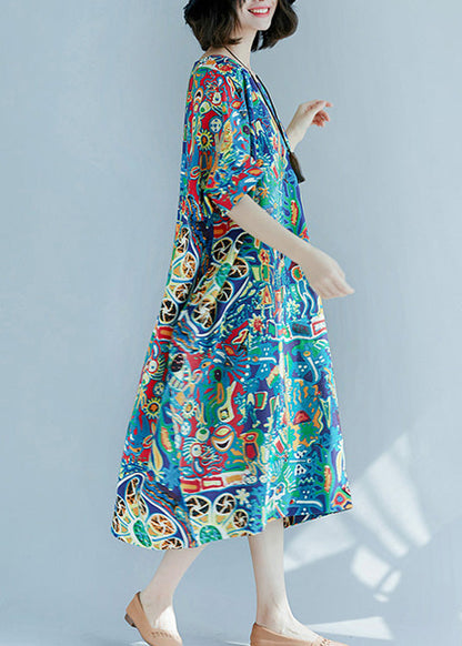 Art O-neck Print Maxi Dress Short Sleeve