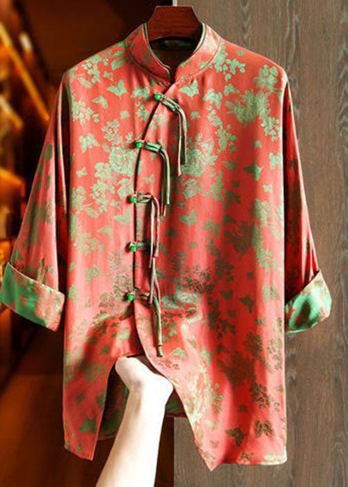 Art Pink Crane Double-layer Collar Asymmetrical Jacquard Silk Shirt Top Fall