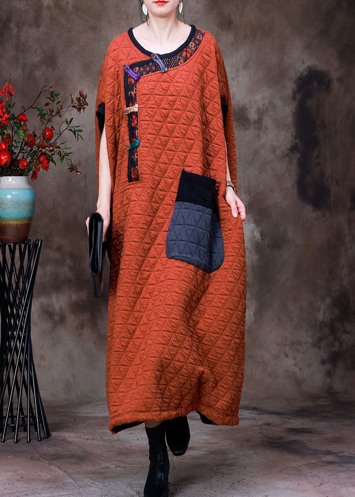 Art Orange O-neck Patchwork Patchwork Button Fine Cotton Filled Dresses Short Sleeve