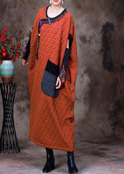 Art Orange O-neck Patchwork Patchwork Button Fine Cotton Filled Dresses Short Sleeve