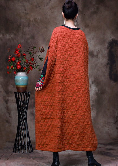 Art Orange O-neck Patchwork Patchwork Button Fine Cotton Filled Dresses Short Sleeve