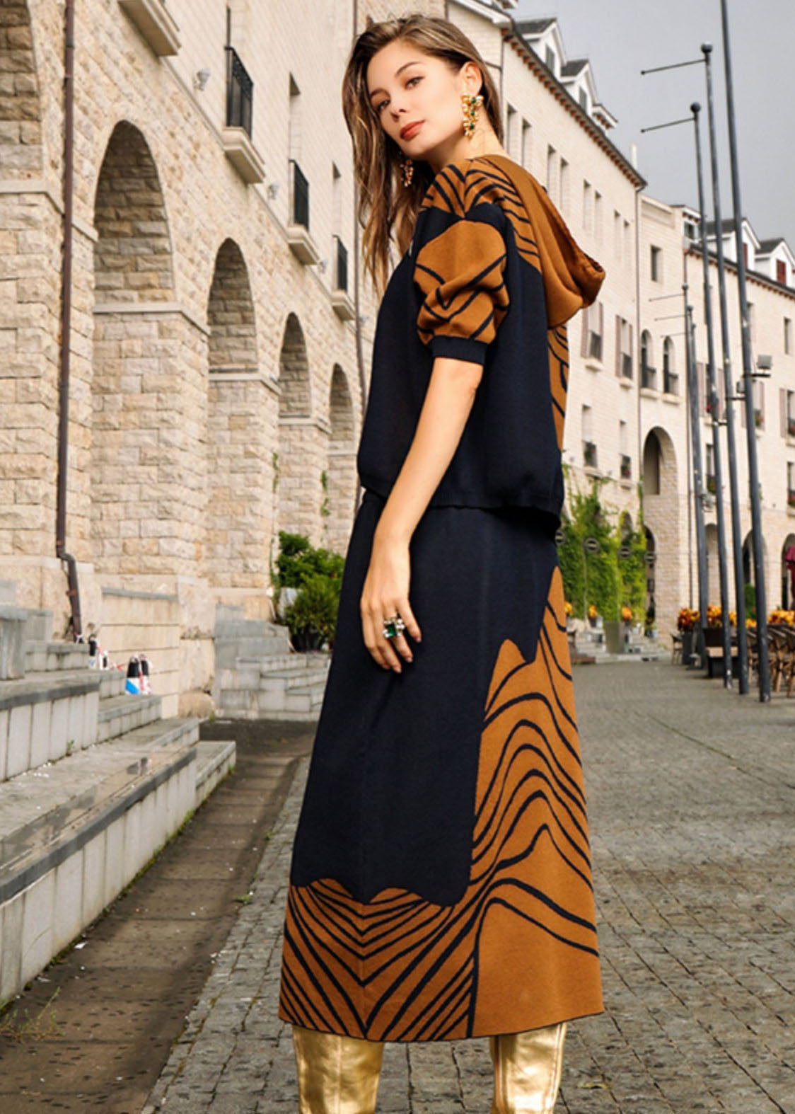Art Orange Print Wool Knit Hooded Top and Skirts Two Pieces Set Fall