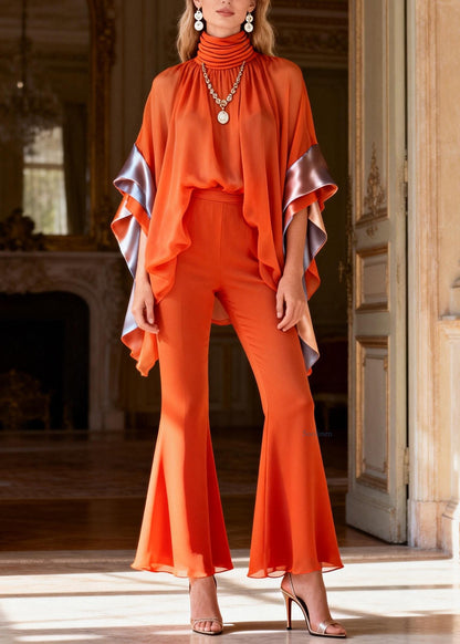 Art Orange Turtleneck Patchwork Chiffon Top and Flared Trousers Two Piece Set Flare Sleeve