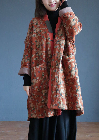 Art Orange V Neck Pockets Print Fine Cotton Filled Witner Jacket