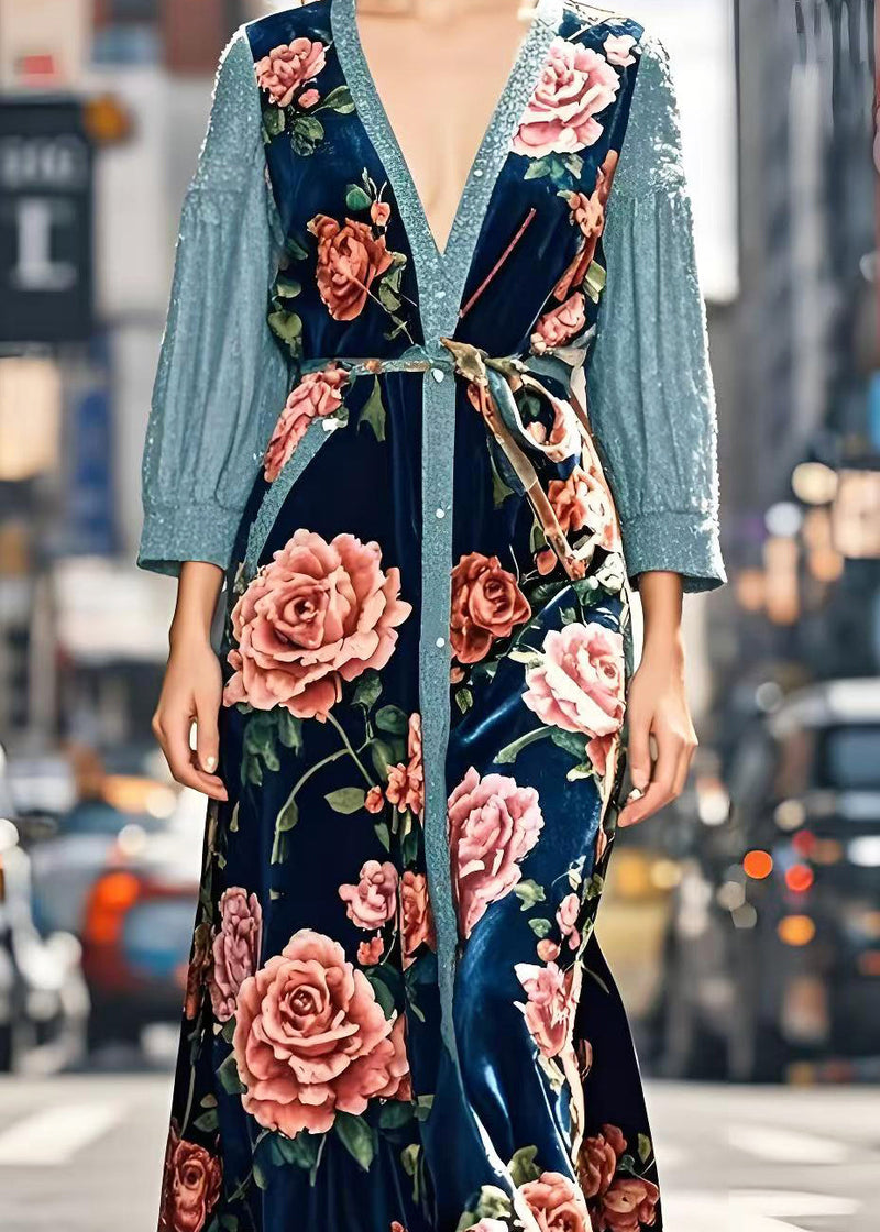 Art Peacock Blue Patchwork Silk Velvet Long Dresses Spring