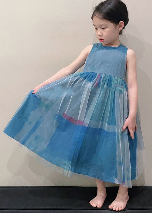 Art Peacock Blue O Neck Wrinkled Patchwork Tulle Kids Long Dress Sleeveless