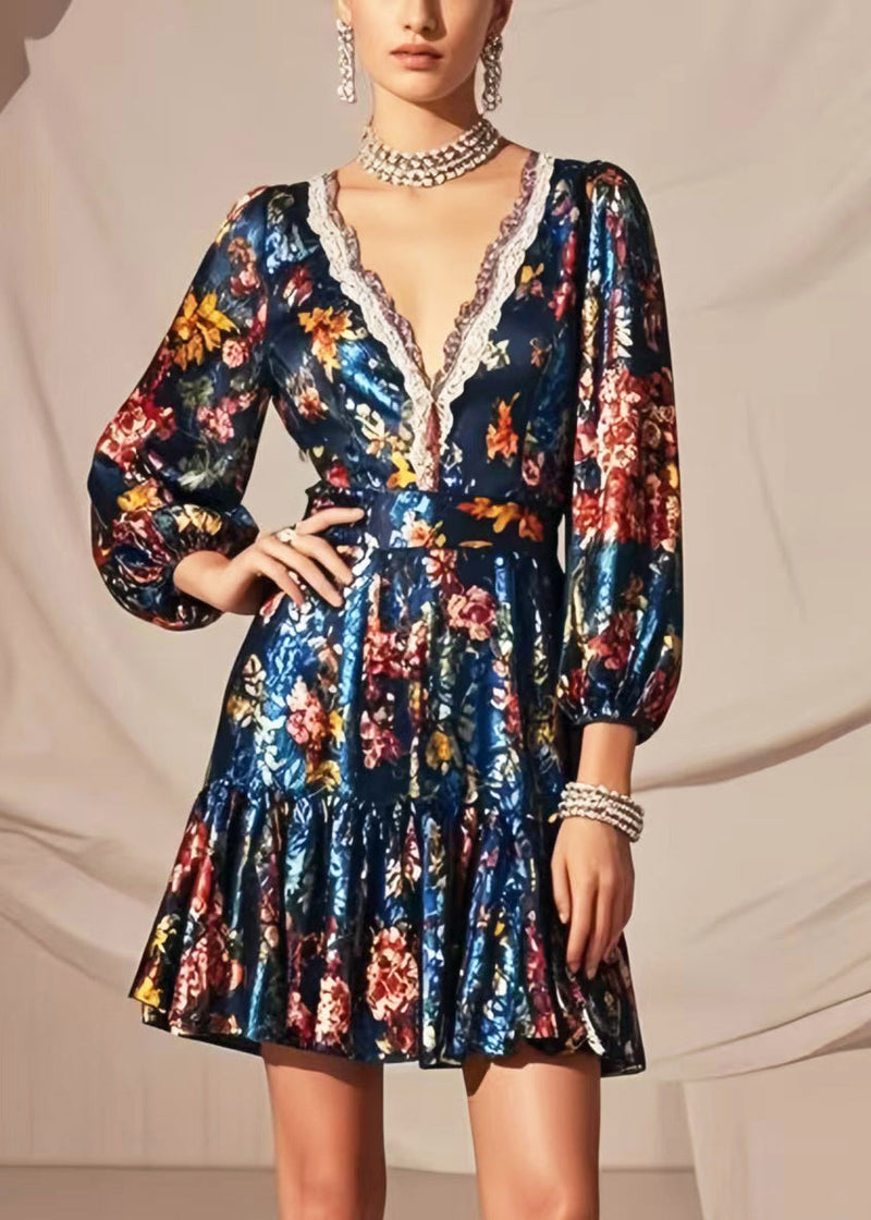 Art Peacock Blue V Neck Print Silk Mini Dress Bracelet Sleeve