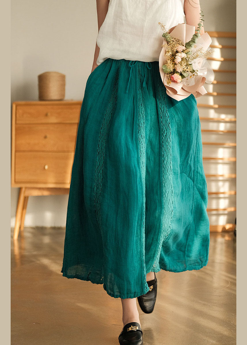 Art Peacock Blue Elastic Waist Linen Skirts Spring