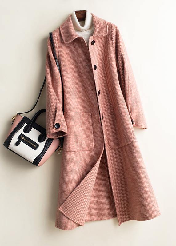 Art Peter Pan Collar Button Down Fine Woolen Coats Pink Plaid Silhouette Jackets
