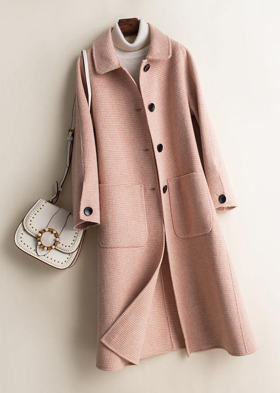 Art Peter Pan Collar Button Down Fine Woolen Coats Pink Plaid Silhouette Jackets