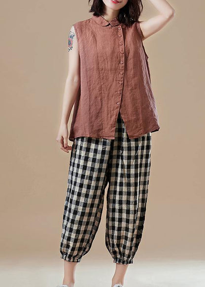 Art Peter Pan Collar Sleeveless Cotton Tunic Pattern Sleeve Brown Knee Blouses Summer