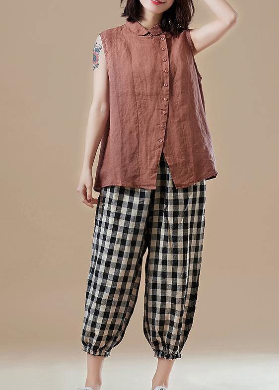 Art Peter Pan Collar Sleeveless Cotton Tunic Pattern Sleeve Brown Knee Blouses Summer