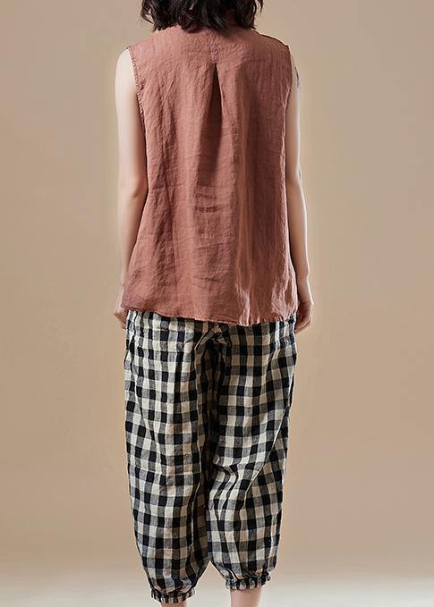 Art Peter Pan Collar Sleeveless Cotton Tunic Pattern Sleeve Brown Knee Blouses Summer