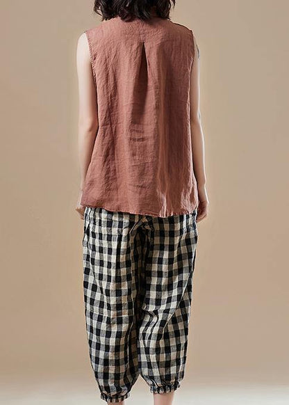 Art Peter Pan Collar Sleeveless Cotton Tunic Pattern Sleeve Brown Knee Blouses Summer