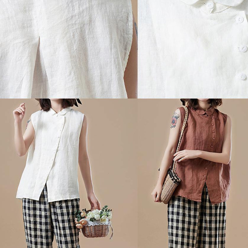 Art Peter Pan Collar Sleeveless Cotton Tunic Pattern Sleeve Brown Knee Blouses Summer