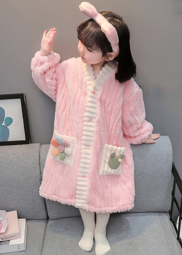 Art Pink Button Patchwork Fluffy Pajamas Dress Long Sleeve