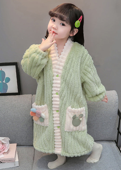 Art Pink Button Patchwork Fluffy Pajamas Dress Long Sleeve