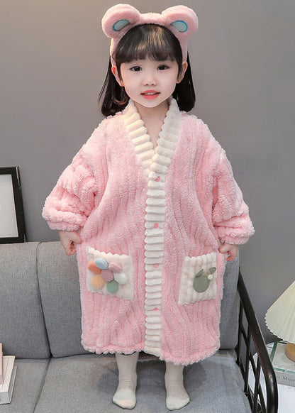Art Pink Button Patchwork Fluffy Pajamas Dress Long Sleeve