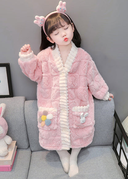 Art Pink Button Patchwork Fluffy Pajamas Dress Long Sleeve