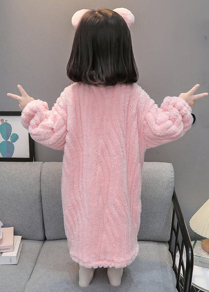 Art Pink Button Patchwork Fluffy Pajamas Dress Long Sleeve