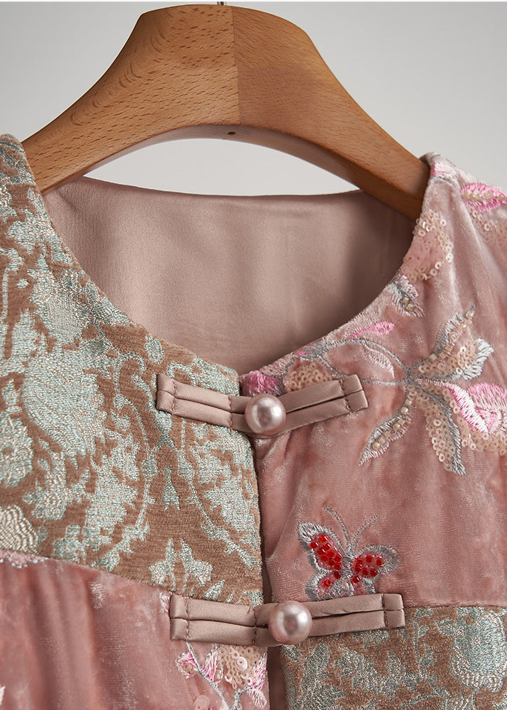Art Pink Embroidered Nail Bead Silk Velour Oriental Vests Spring