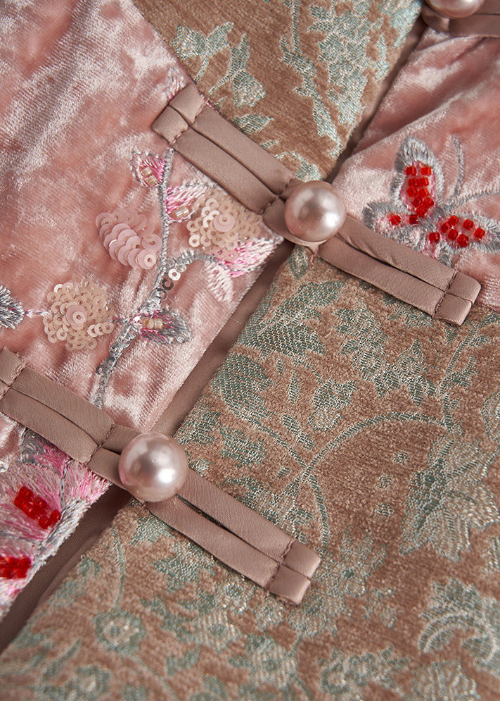 Art Pink Embroidered Nail Bead Silk Velour Oriental Vests Spring