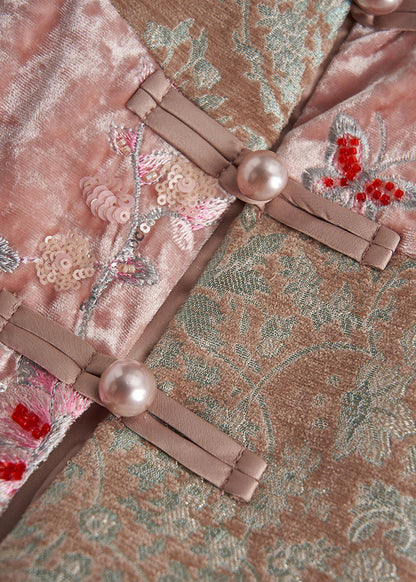 Art Pink Embroidered Nail Bead Silk Velour Oriental Vests Spring