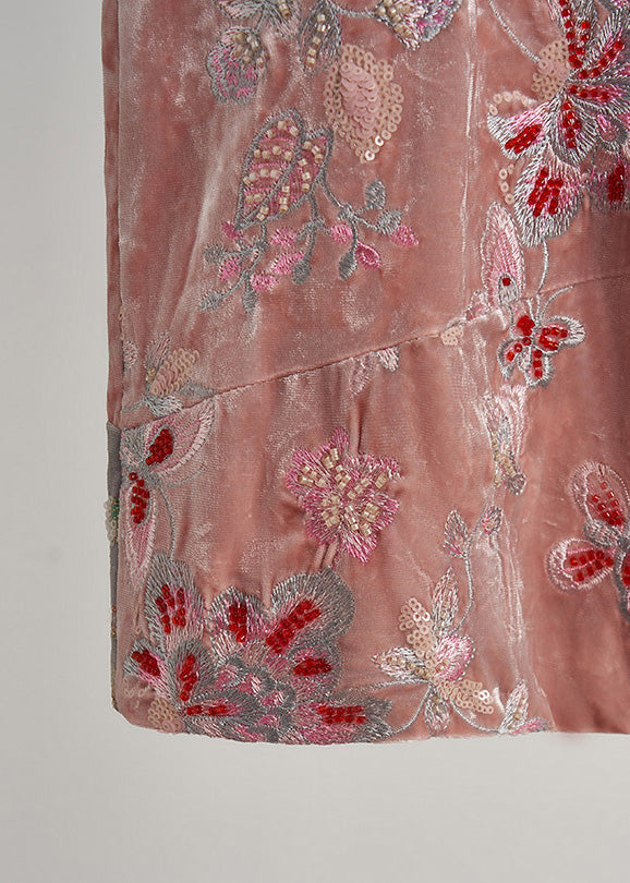 Art Pink Embroidered Nail Bead Silk Velour Oriental Vests Spring