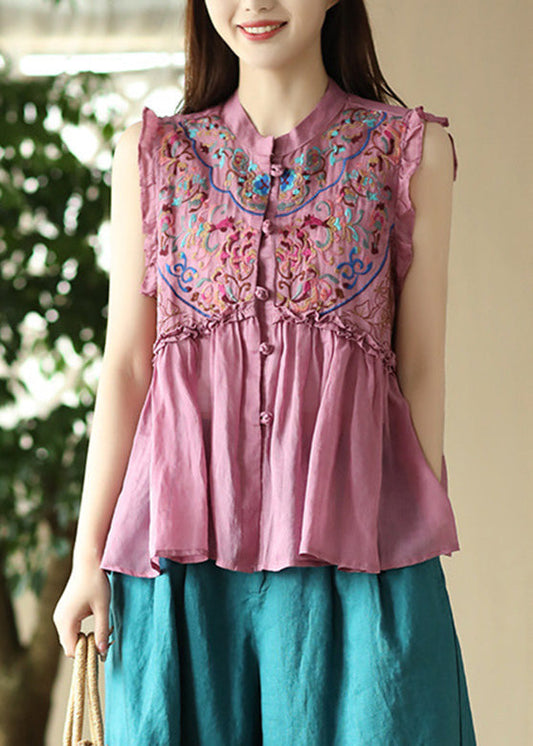 Art Pink Embroideried Ramie Shirts Sleeveless