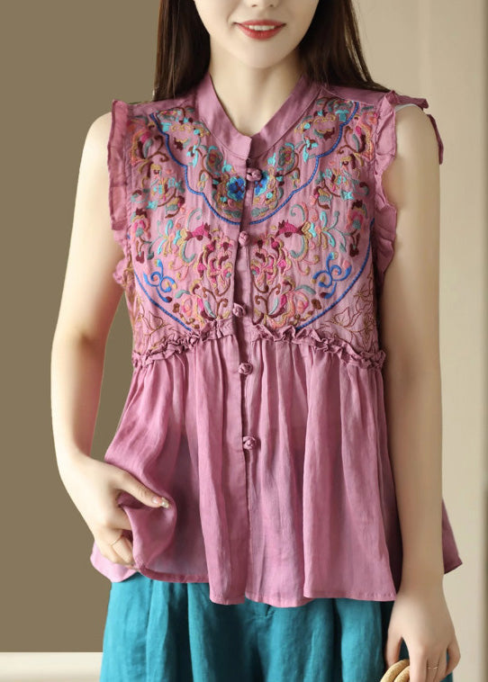 Art Pink Embroideried Ramie Shirts Sleeveless