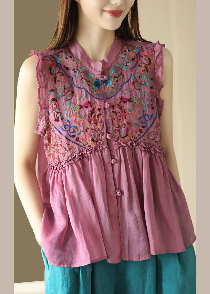 Art Pink Embroideried Ramie Shirts Sleeveless