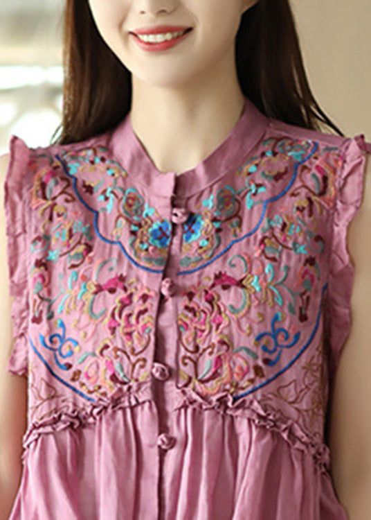 Art Pink Embroideried Ramie Shirts Sleeveless