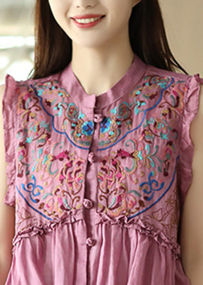 Art Pink Embroideried Ramie Shirts Sleeveless