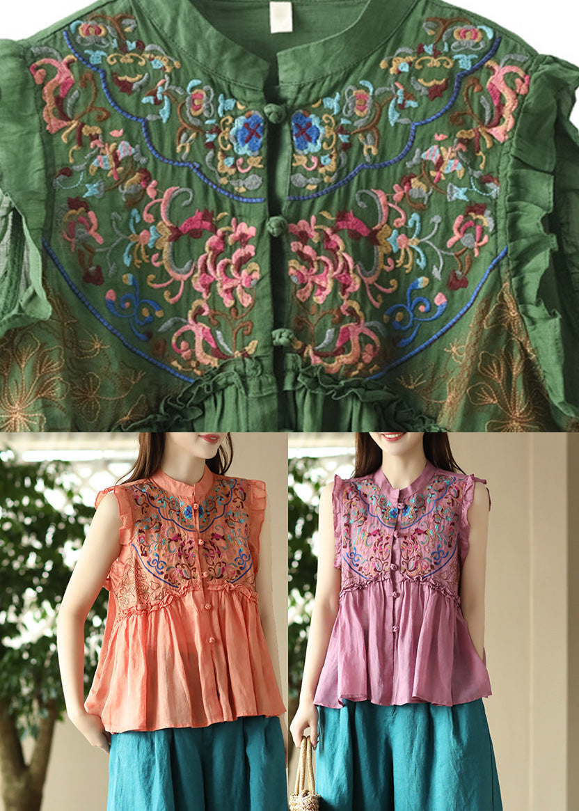 Art Pink Embroideried Ramie Shirts Sleeveless