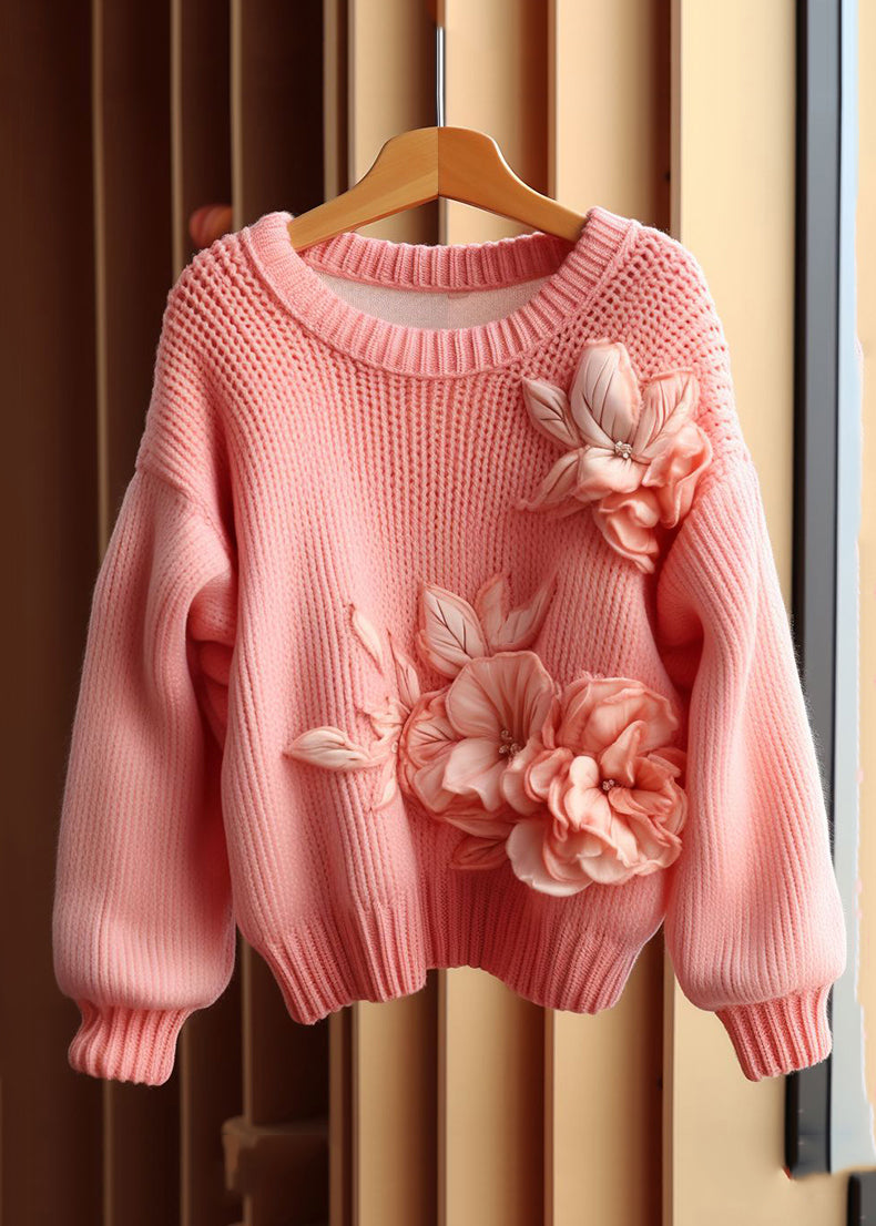 Art Pink Cozy Cotton Knit Sweaters Long Sleeve