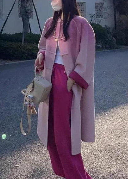 Art Pink Gradient Color Button Pockets Woolen Coat Winter