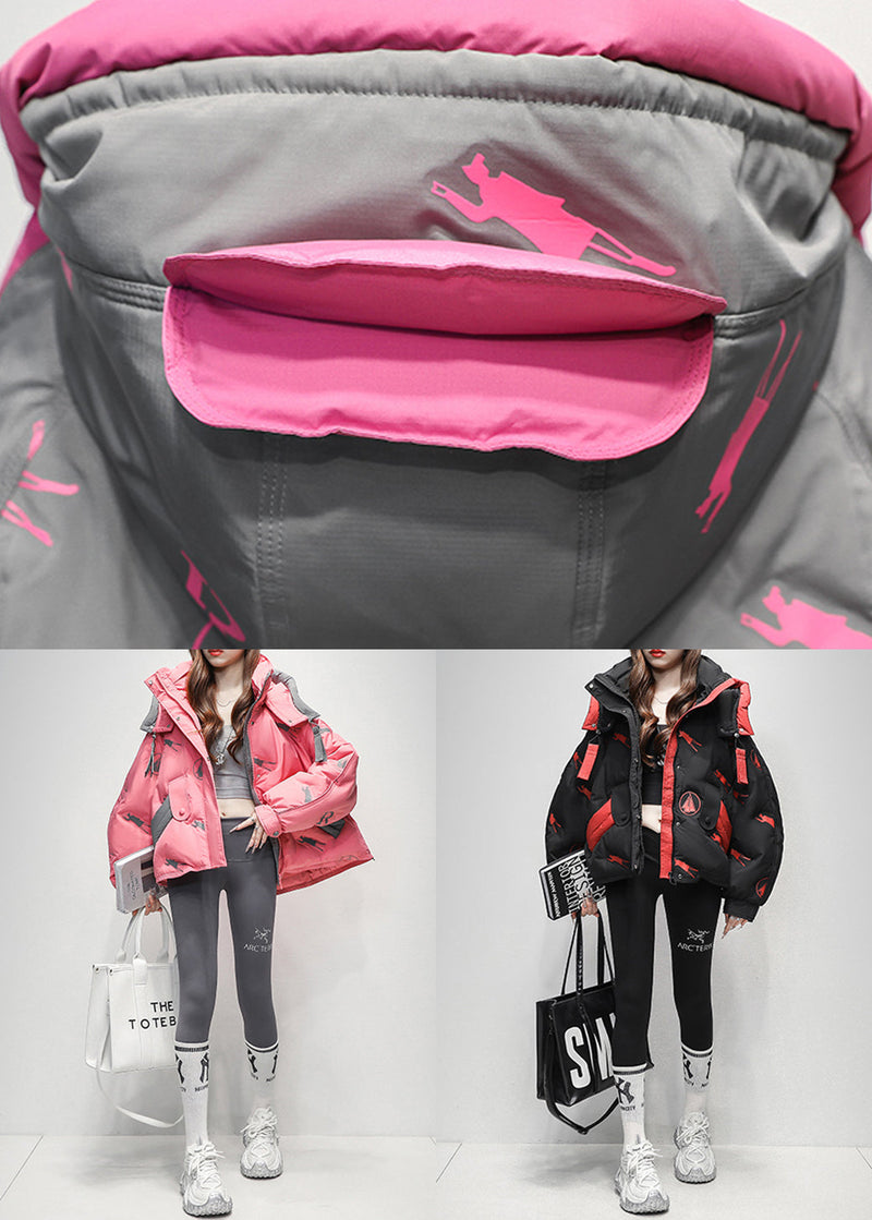 Art Pink Hooded Print Zippered Duck Down Down Coat Winter