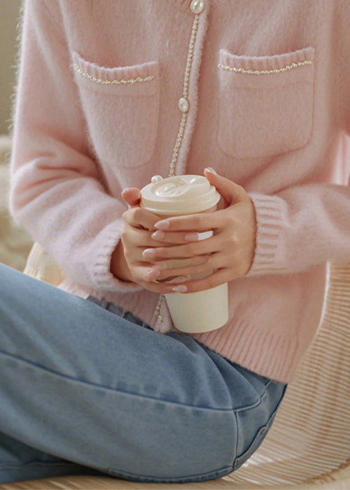 Art Pink O-neck Button Pockets Knit Cardigan Spring