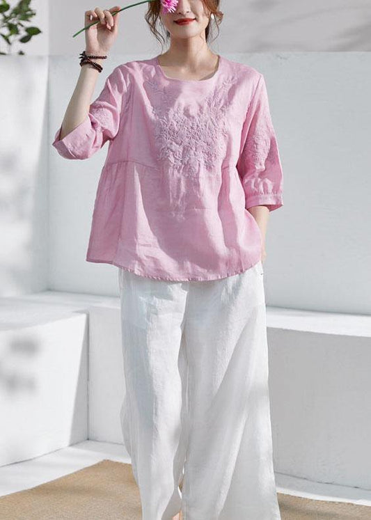 Art Pink O-neck Embroideried Patchwork Summer Ramie Shirt Top Half Sleeve